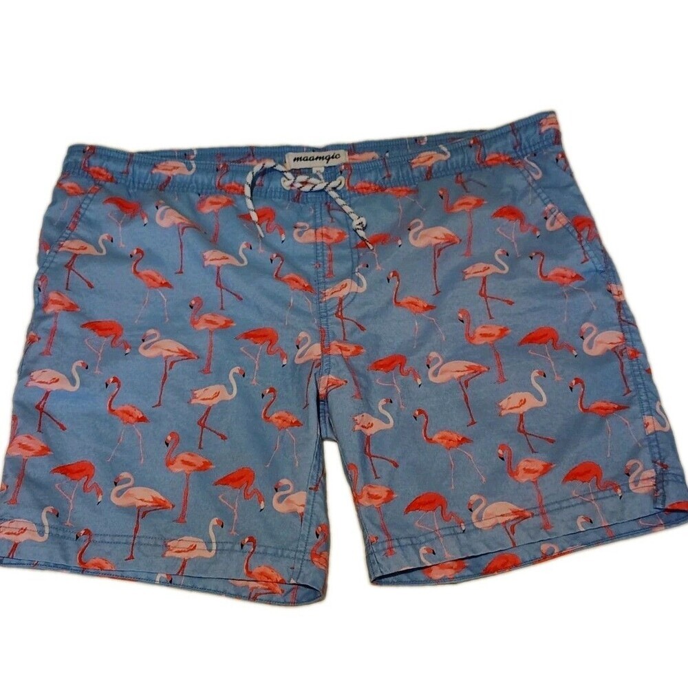 Maamgic Men’s XL Swim Trunks Blue Pink Flamingo Print Board Shorts Mesh Pocket